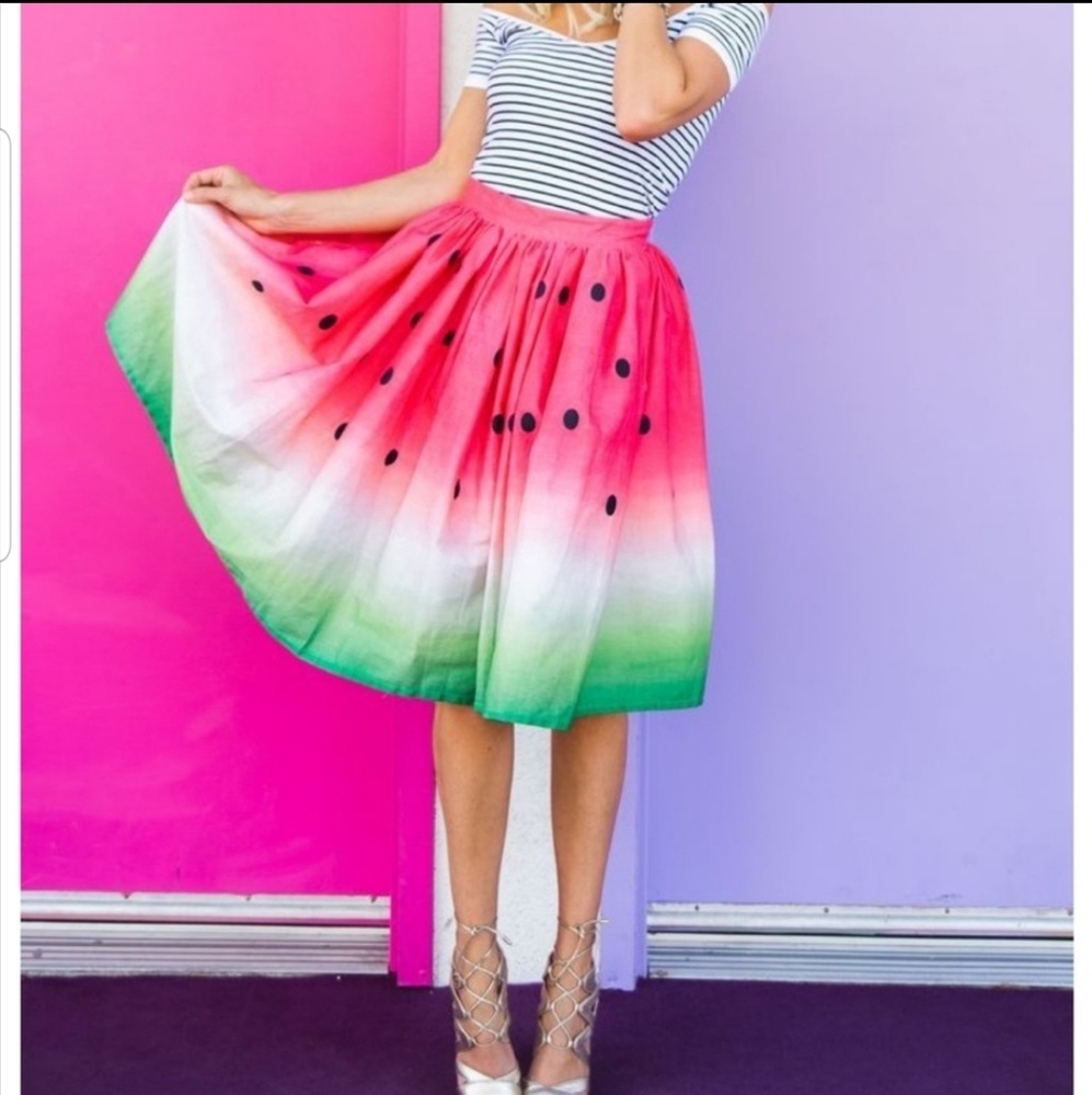 New Watermelon Printed Midi Box Pleat Skirt - Picture 1 of 8